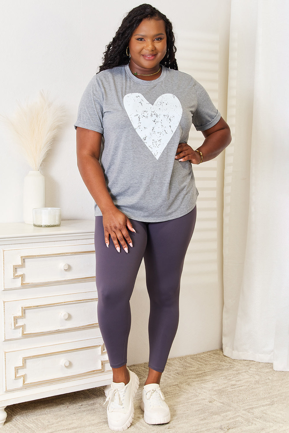 Simply Love Heart Graphic Cuffed Short Sleeve T-Shirt - SHIRTS & BLOUSES - Grey