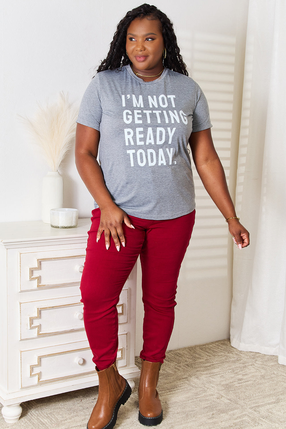 Simply Love I’M NOT GETTING READY TODAY Graphic T-Shirt - SHIRTS & BLOUSES - Dark Grey