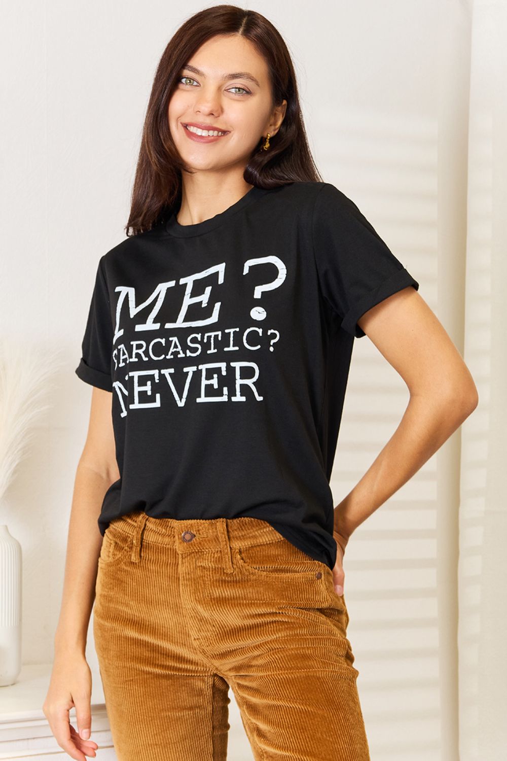 Simply Love Letter Graphic Round Neck T-Shirt - Black / S - SHIRTS & BLOUSES - Black