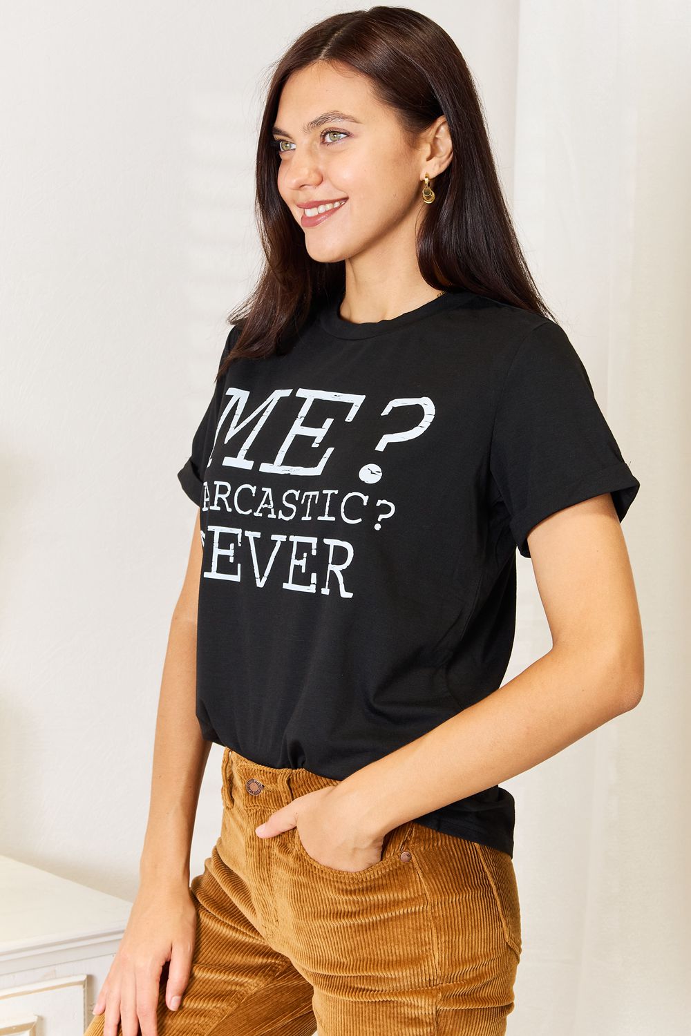 Simply Love Letter Graphic Round Neck T-Shirt - SHIRTS & BLOUSES - Black