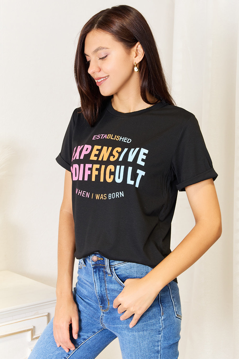 Simply Love Slogan Graphic Cuffed Sleeve T-Shirt - SHIRTS & BLOUSES - Black