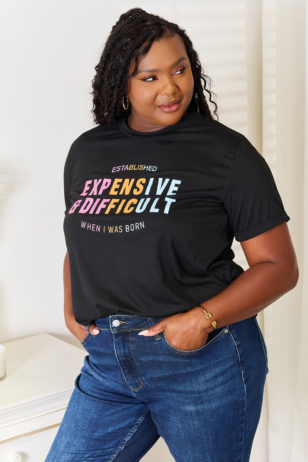 Simply Love Slogan Graphic Cuffed Sleeve T-Shirt - SHIRTS & BLOUSES - Black
