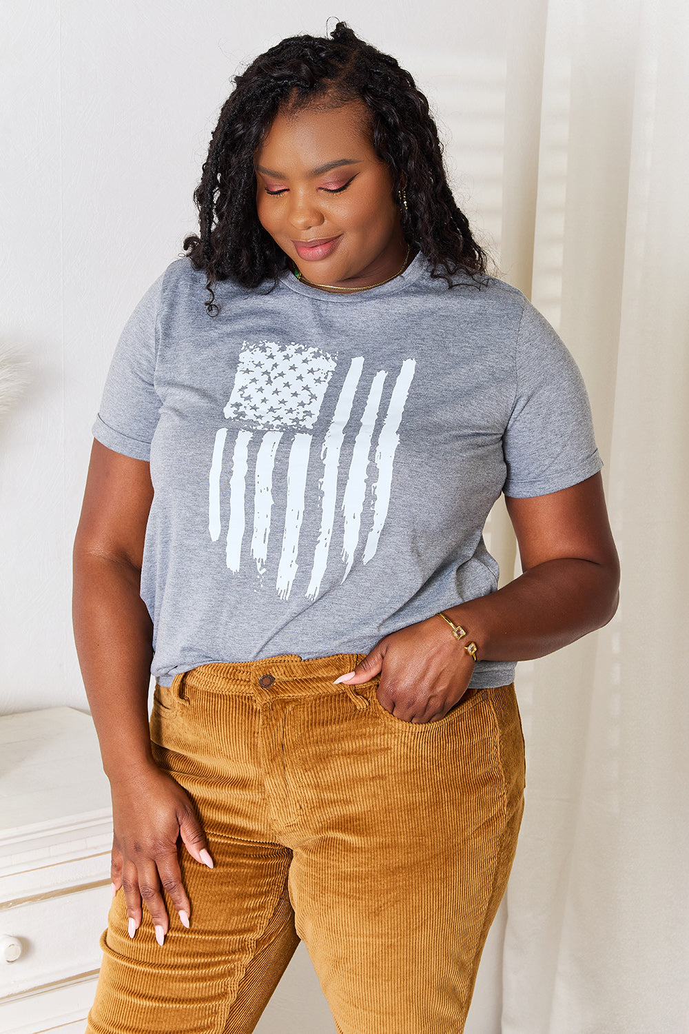 Simply Love US Flag Graphic Cuffed Sleeve T-Shirt - SHIRTS & BLOUSES - Grey