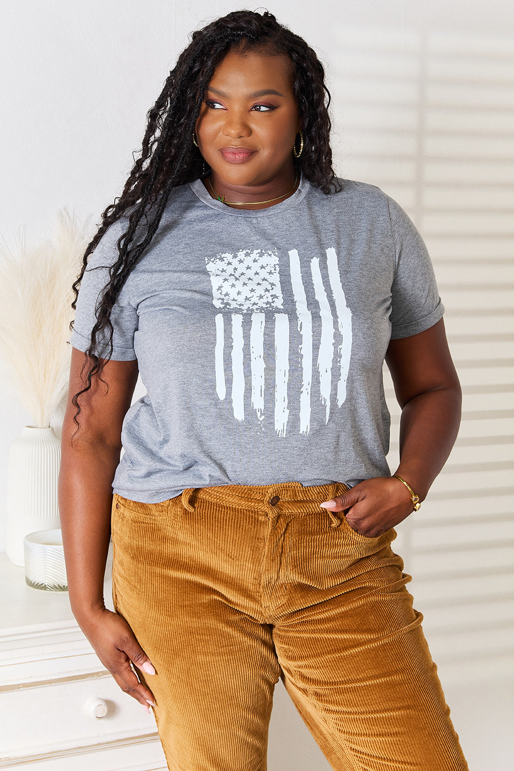 Simply Love US Flag Graphic Cuffed Sleeve T-Shirt - SHIRTS & BLOUSES - Grey