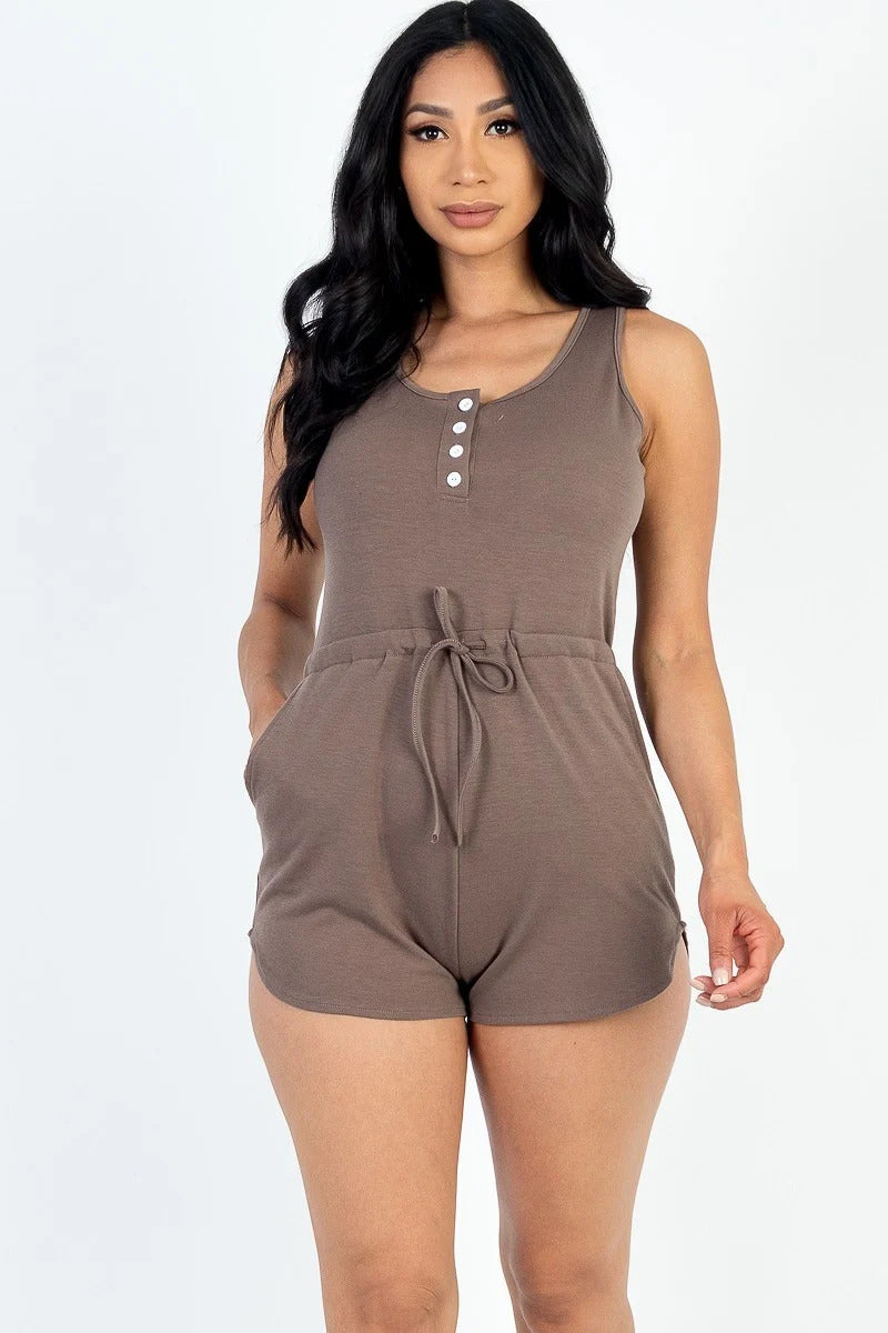 Sleeveless Drawstring Waist Button Tank Romper Smile Sparker