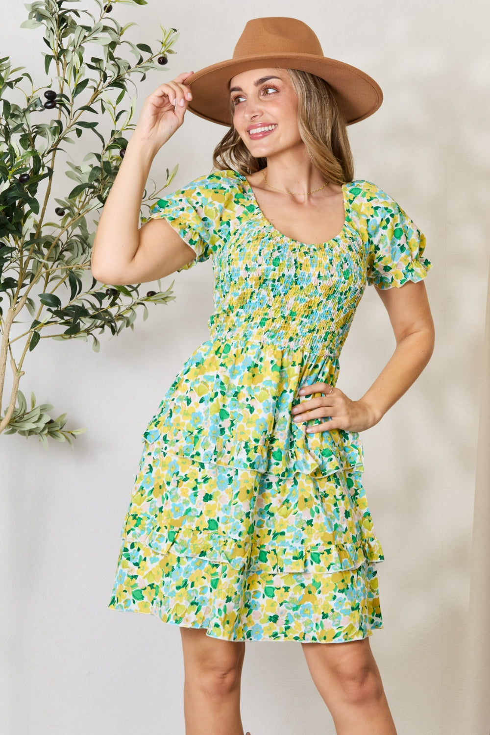 Smocked Scoop Neck Flounce Sleeve Mini Dress - Yellow / S - DRESSES - Floral print