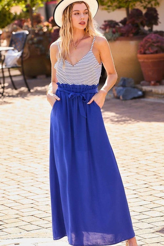 Striped Print Cami Sol Top Hi-waist Skirt Side Pocket Maxi Dress Smile Sparker