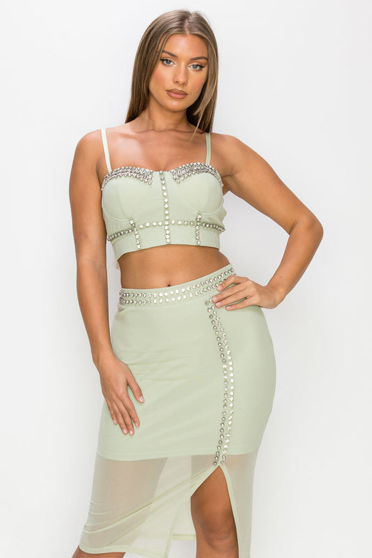 Studded Stone Cami Top & Slit Mini Skirts Set Smile Sparker