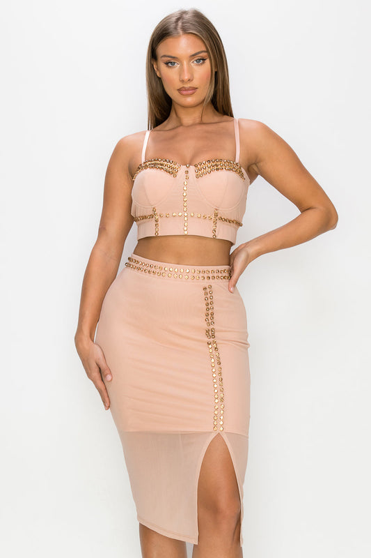 Studded Stone Cami Top & Slit Mini Skirts Set Smile Sparker