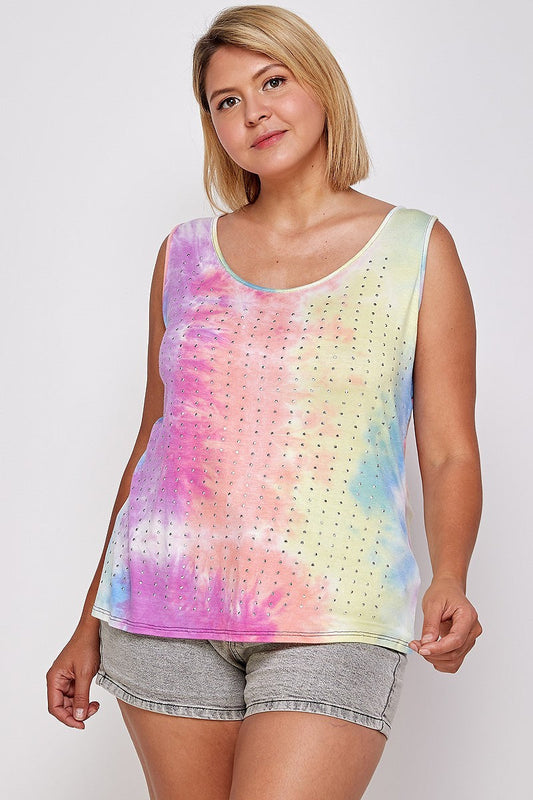 Tie Dye Tank With Studded Detail, Loose Fit, Easy Casual Wear Smile Sparker