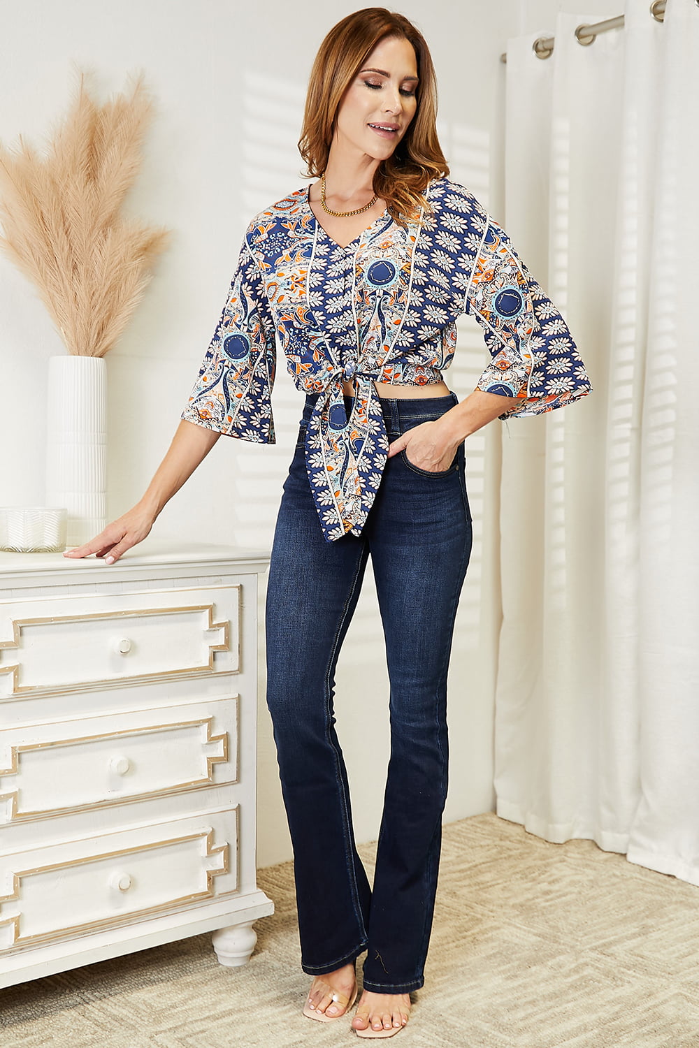 Tie Hem V-Neck Three-Quarter Sleeve Blouse - SHIRTS & BLOUSES - Mixed