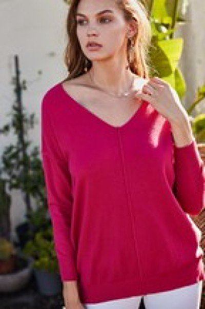 V Neck 3/4 Sleeve Side Slit Hi-lo Sweater Smile Sparker