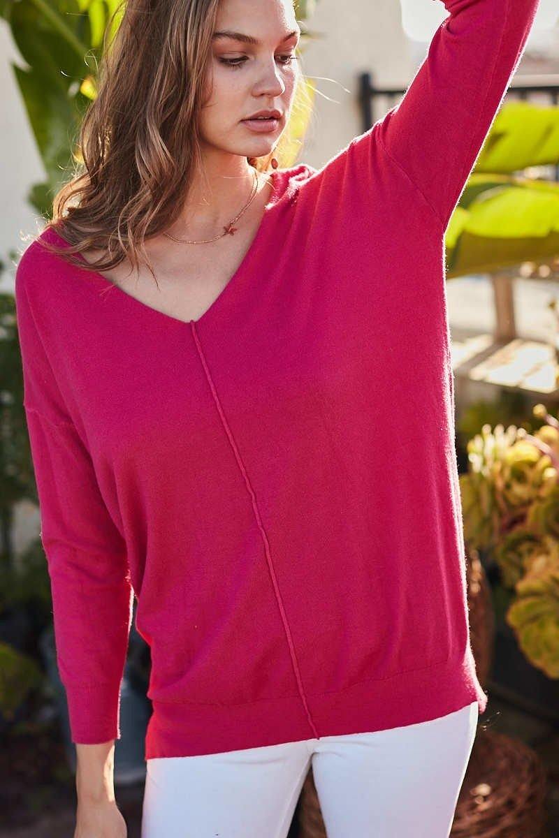 V Neck 3/4 Sleeve Side Slit Hi-lo Sweater Smile Sparker