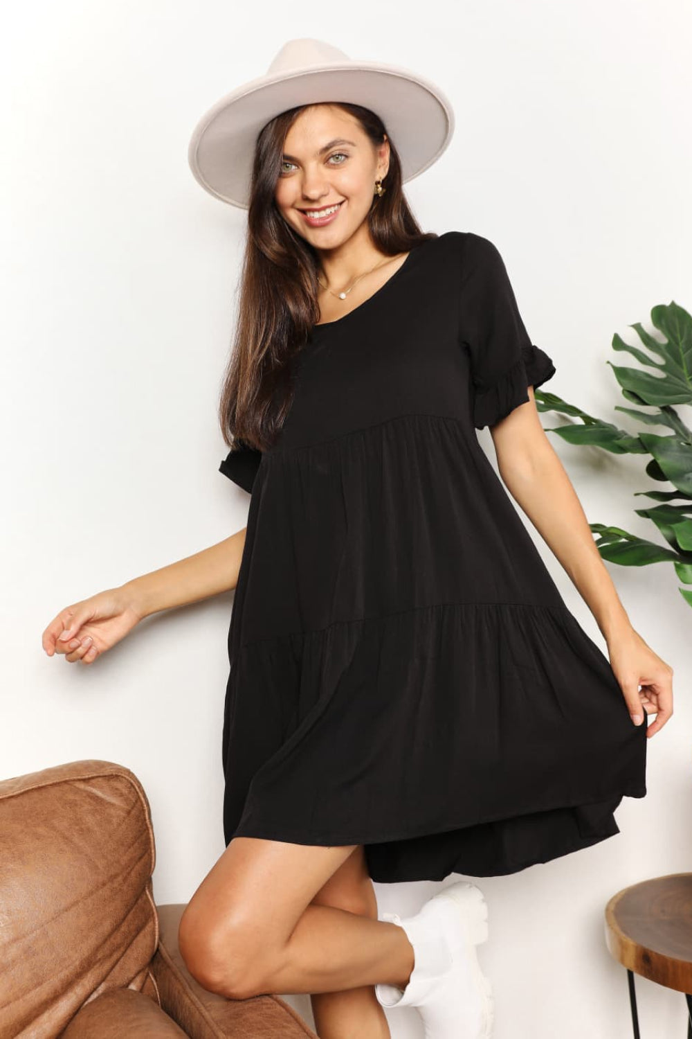 V-Neck Flounce Sleeve Tiered Dress - Black / S - PLUS DRESSES - Blue