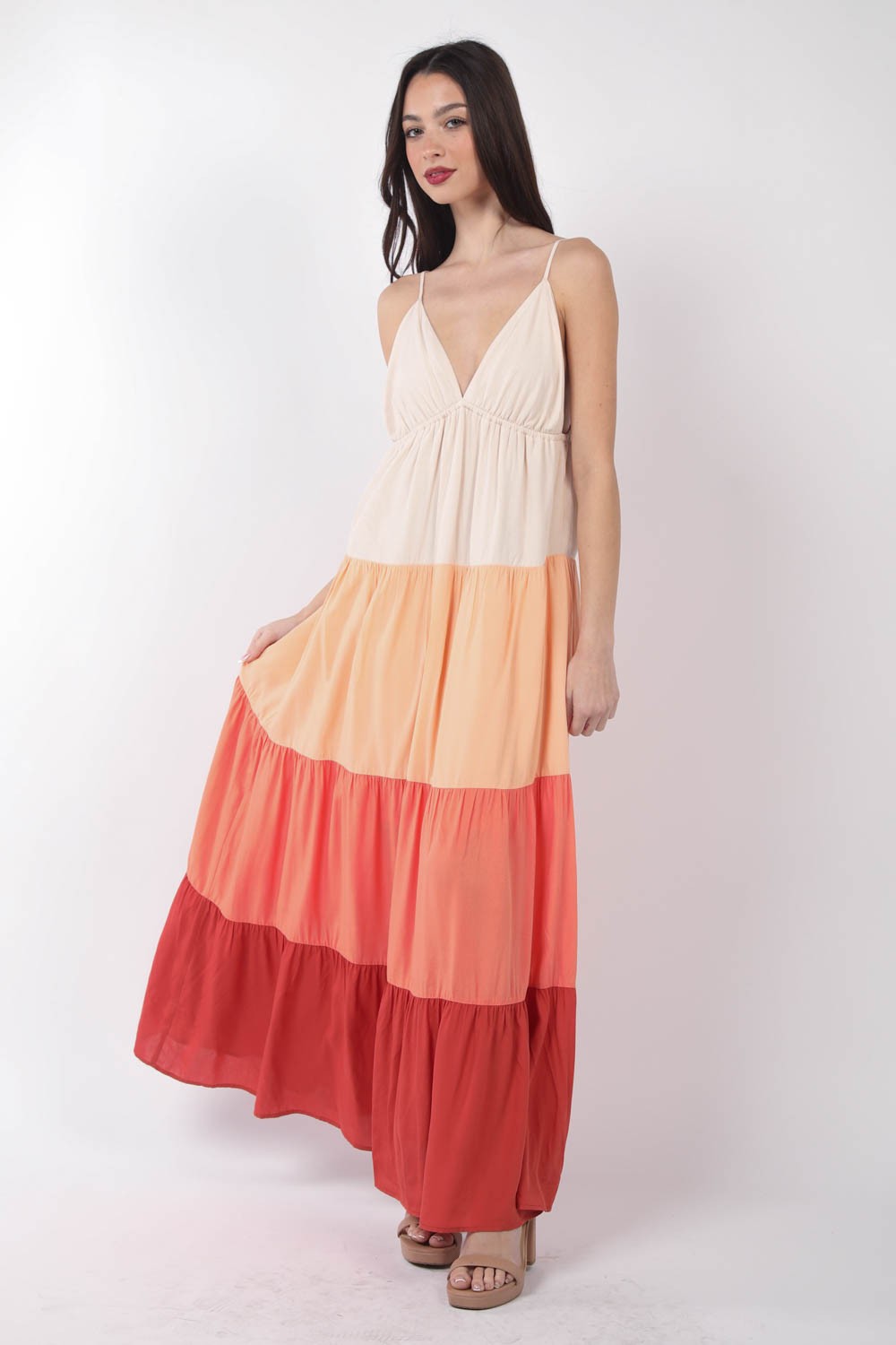 VERY J Color Block Tiered Maxi Cami Dress - Sunset Mix / S - DRESSES - Multi