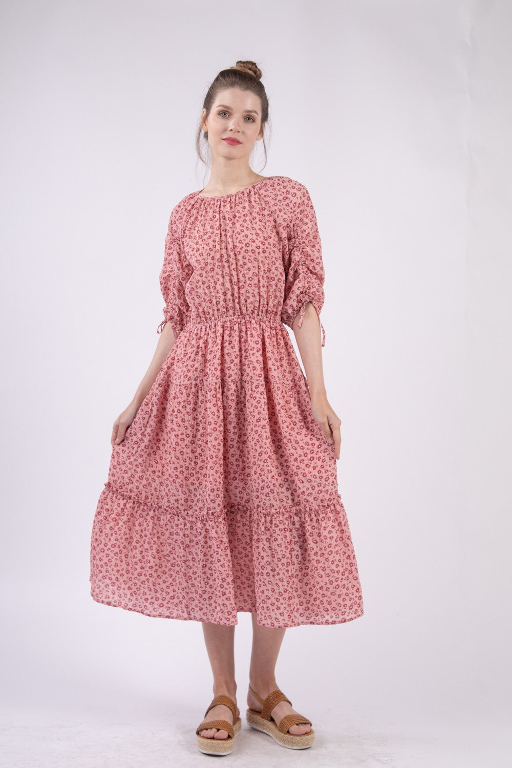 VERY J Floral Round Neck Tiered Midi Dress - DRESSES - Blush