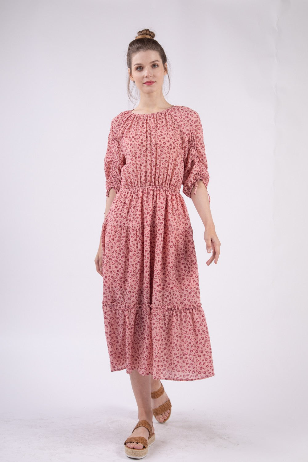 VERY J Floral Round Neck Tiered Midi Dress - DRESSES - Blush