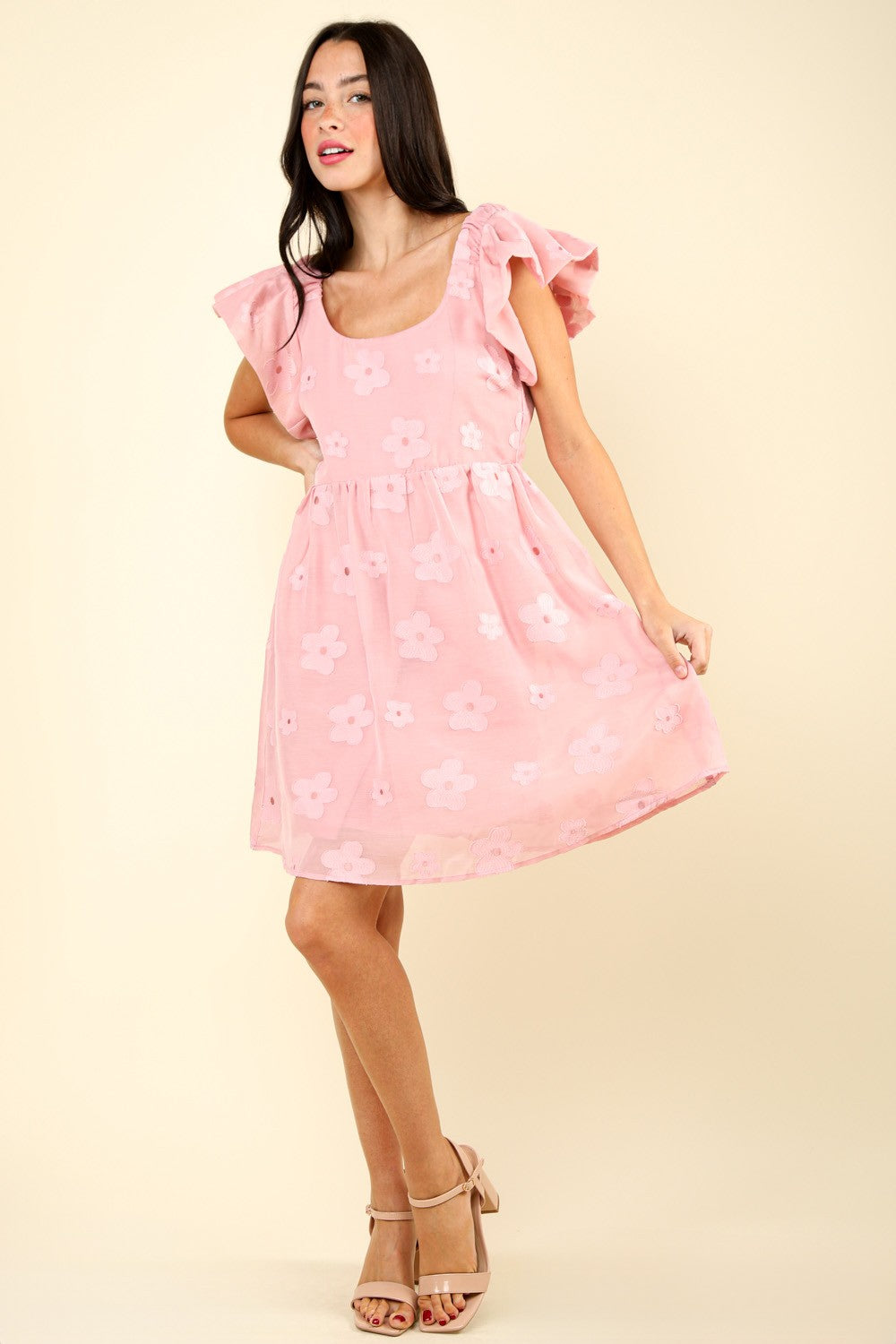 VERY J Flower Embroidered Organza Mini Dress - Pink / S - DRESSES - Pink