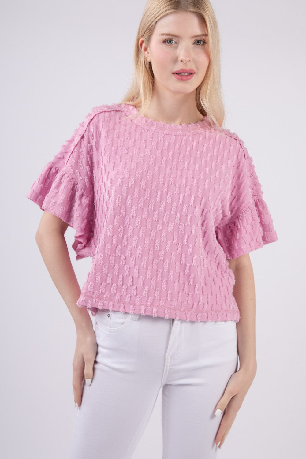 VERY J Full Size Texture Ruffle Short Sleeve Top - Orchid / S - TOPS - Purple