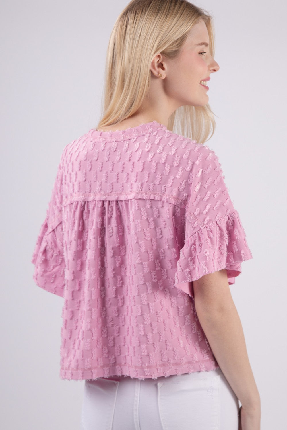 VERY J Full Size Texture Ruffle Short Sleeve Top - TOPS - Purple