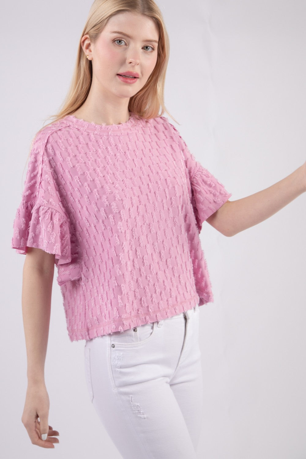 VERY J Full Size Texture Ruffle Short Sleeve Top - TOPS - Purple