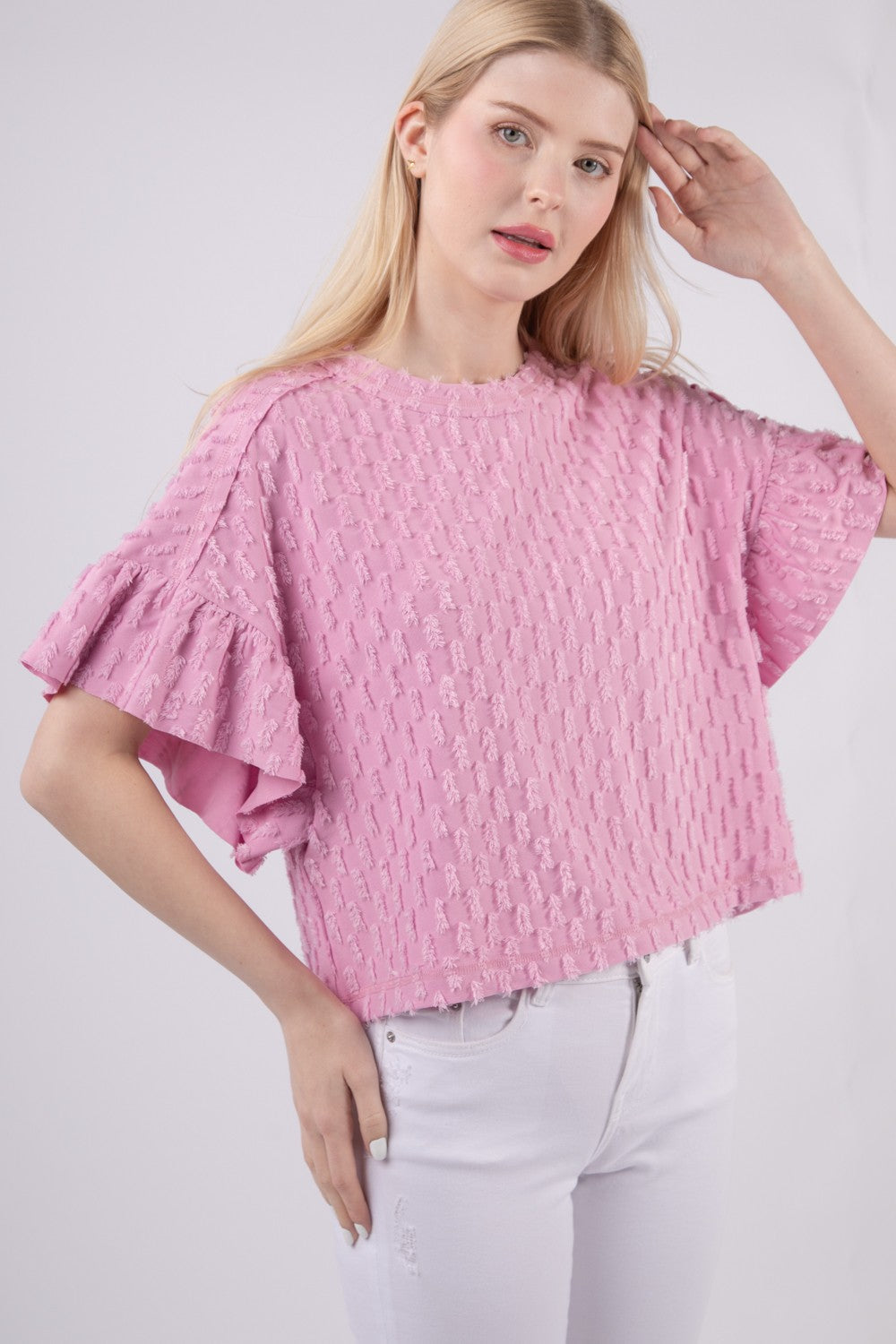 VERY J Full Size Texture Ruffle Short Sleeve Top - TOPS - Purple