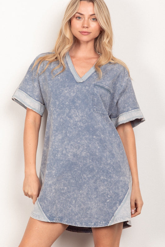 VERY J Short Sleeve V-Neck Tee Dress - Denim / S - DRESSES - Grey