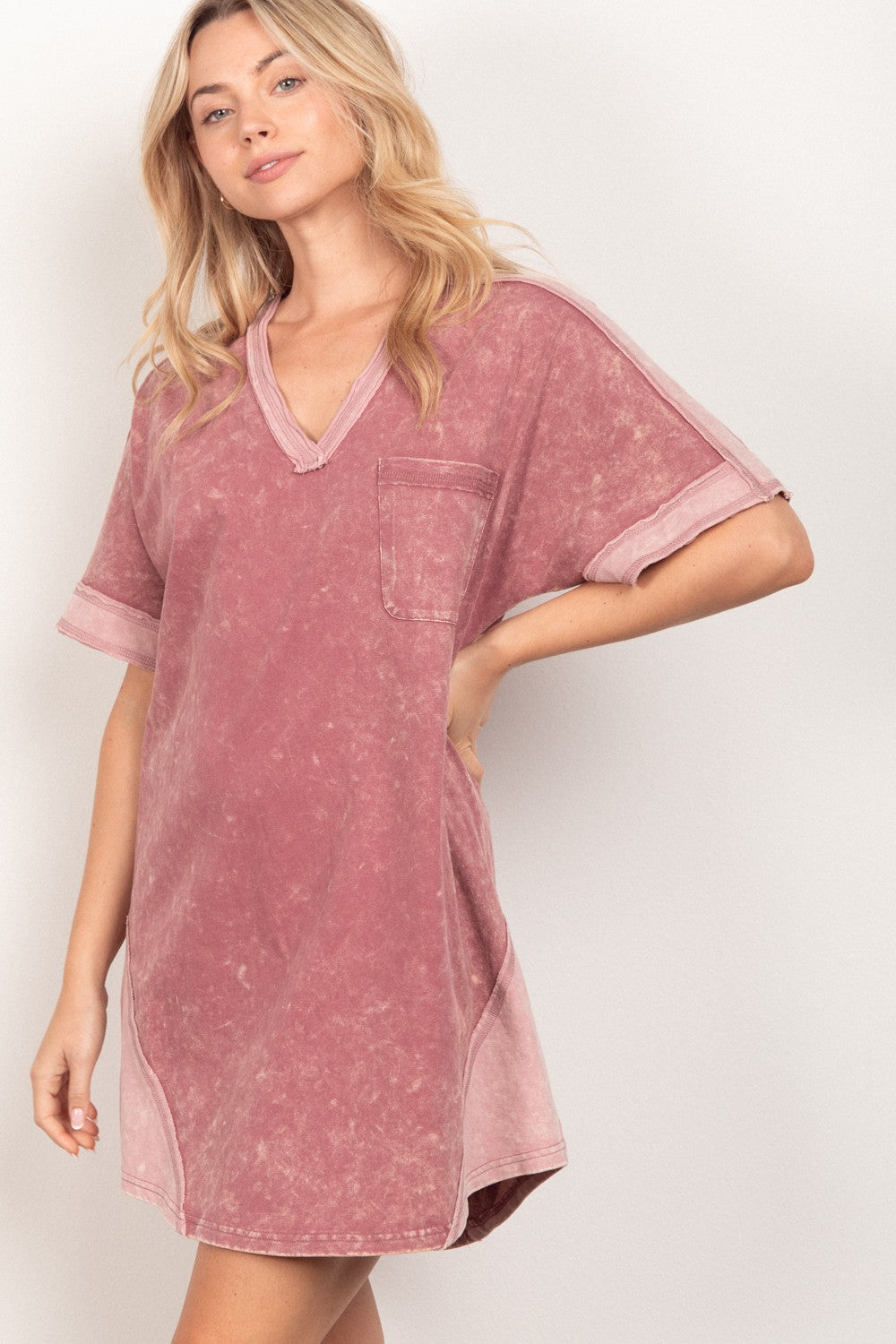 VERY J Short Sleeve V-Neck Tee Dress - DRESSES - Mauve