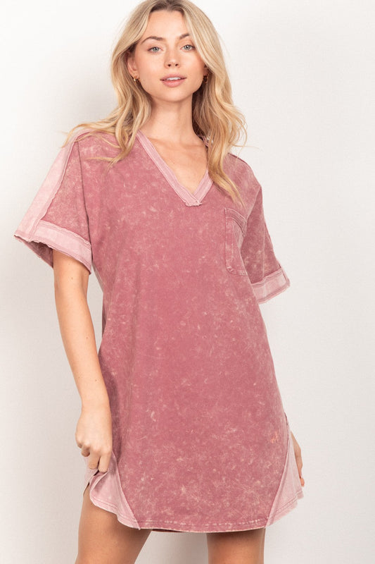 VERY J Short Sleeve V-Neck Tee Dress - Mauve / S - DRESSES - Mauve