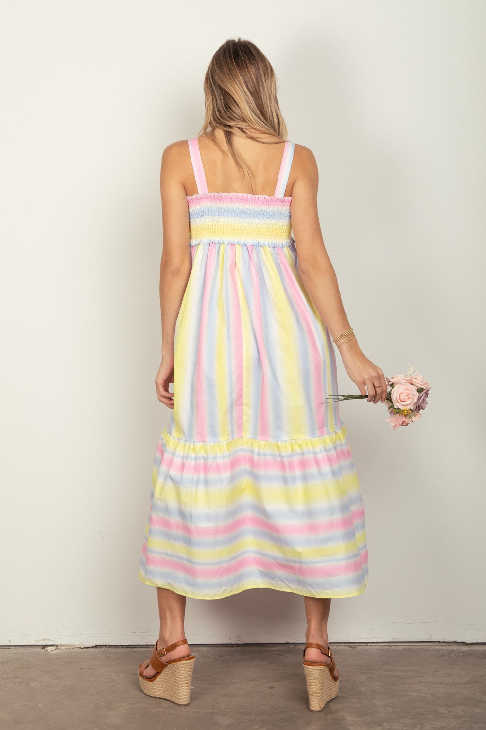 VERY J Striped Woven Smocked Midi Cami Dress - DRESSES - Pink