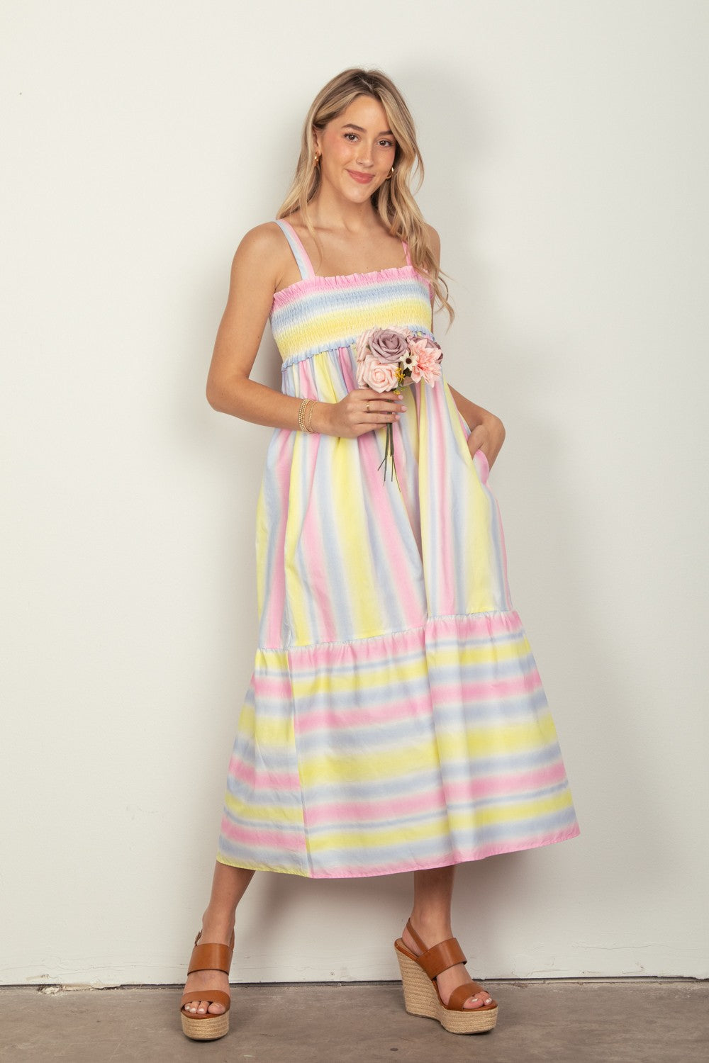 VERY J Striped Woven Smocked Midi Cami Dress - DRESSES - Pink