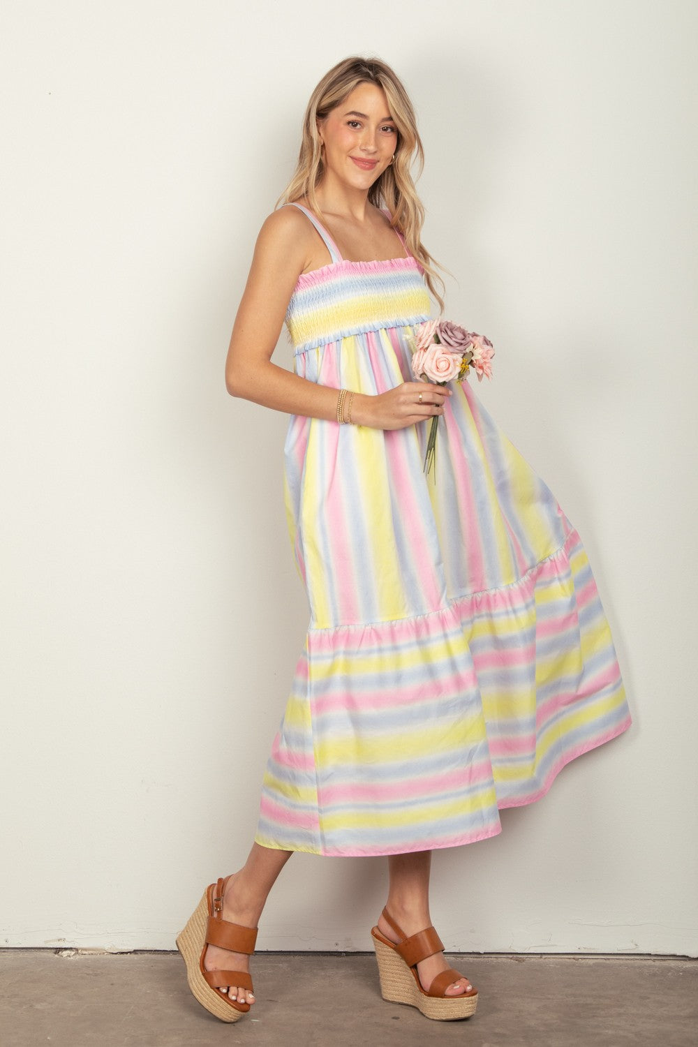 VERY J Striped Woven Smocked Midi Cami Dress - DRESSES - Pink