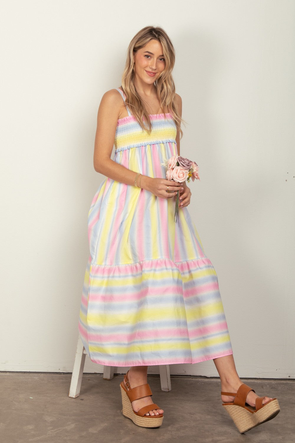 VERY J Striped Woven Smocked Midi Cami Dress - DRESSES - Pink