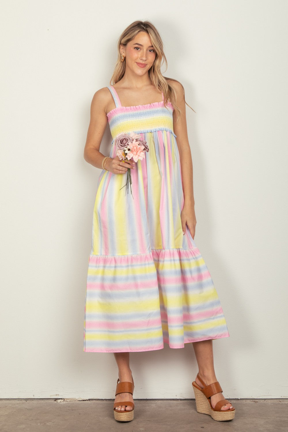 VERY J Striped Woven Smocked Midi Cami Dress - PINKCOMBO / S - DRESSES - Pink