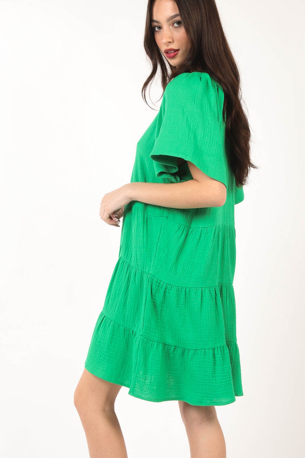 VERY J Texture V-Neck Ruffled Tiered Dress - DRESSES - Green