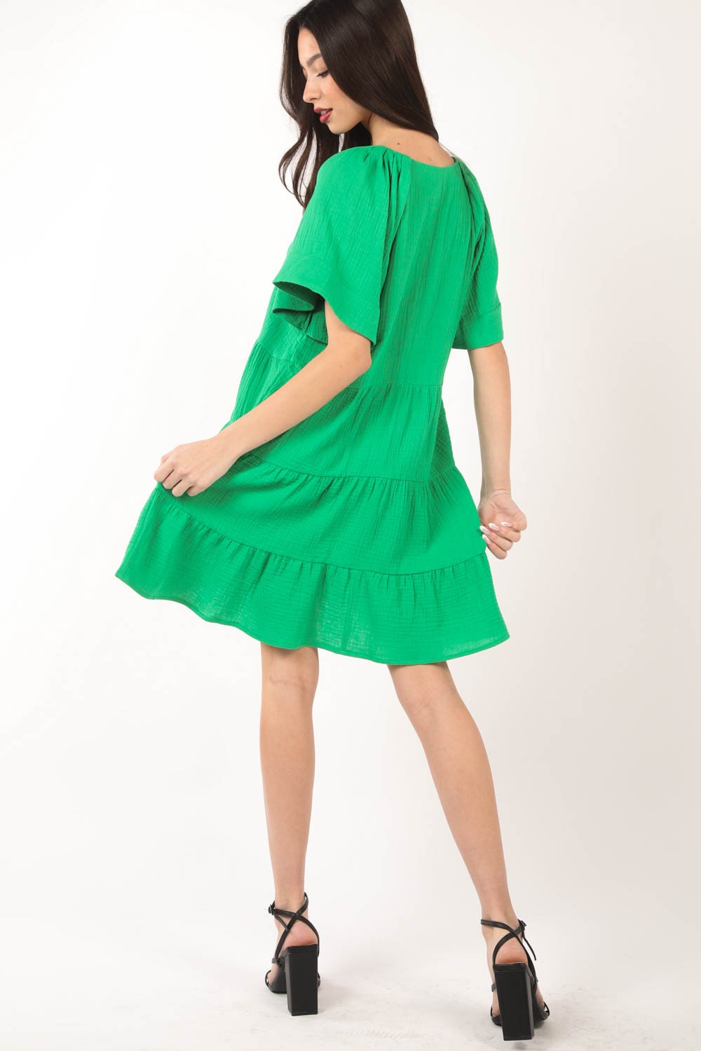 VERY J Texture V-Neck Ruffled Tiered Dress - DRESSES - Green