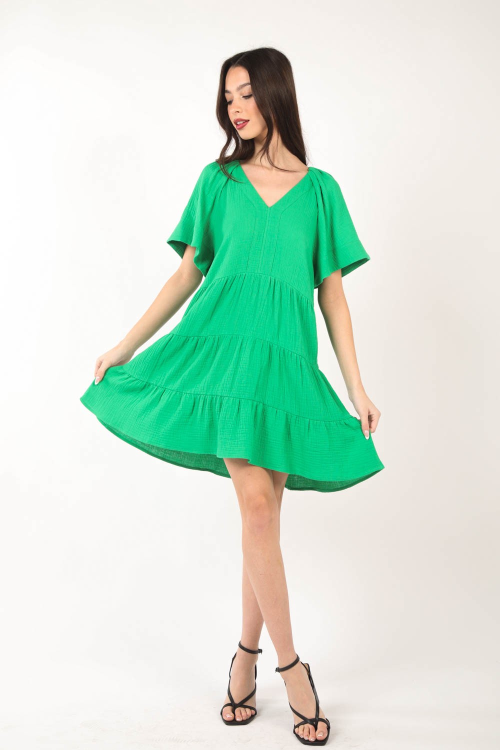 VERY J Texture V-Neck Ruffled Tiered Dress - DRESSES - Green