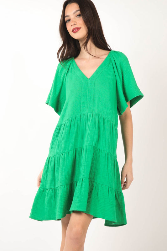 VERY J Texture V-Neck Ruffled Tiered Dress - Green / S - DRESSES - Green