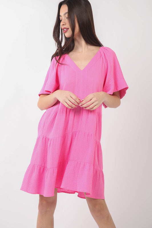 VERY J Texture V-Neck Ruffled Tiered Dress - Pink / S - DRESSES - Pink