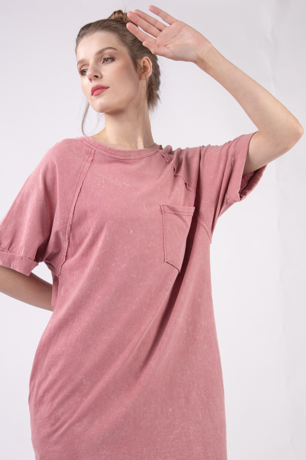 VERY J Washed Round Neck Mini Tee Dress - DRESSES - Mauve