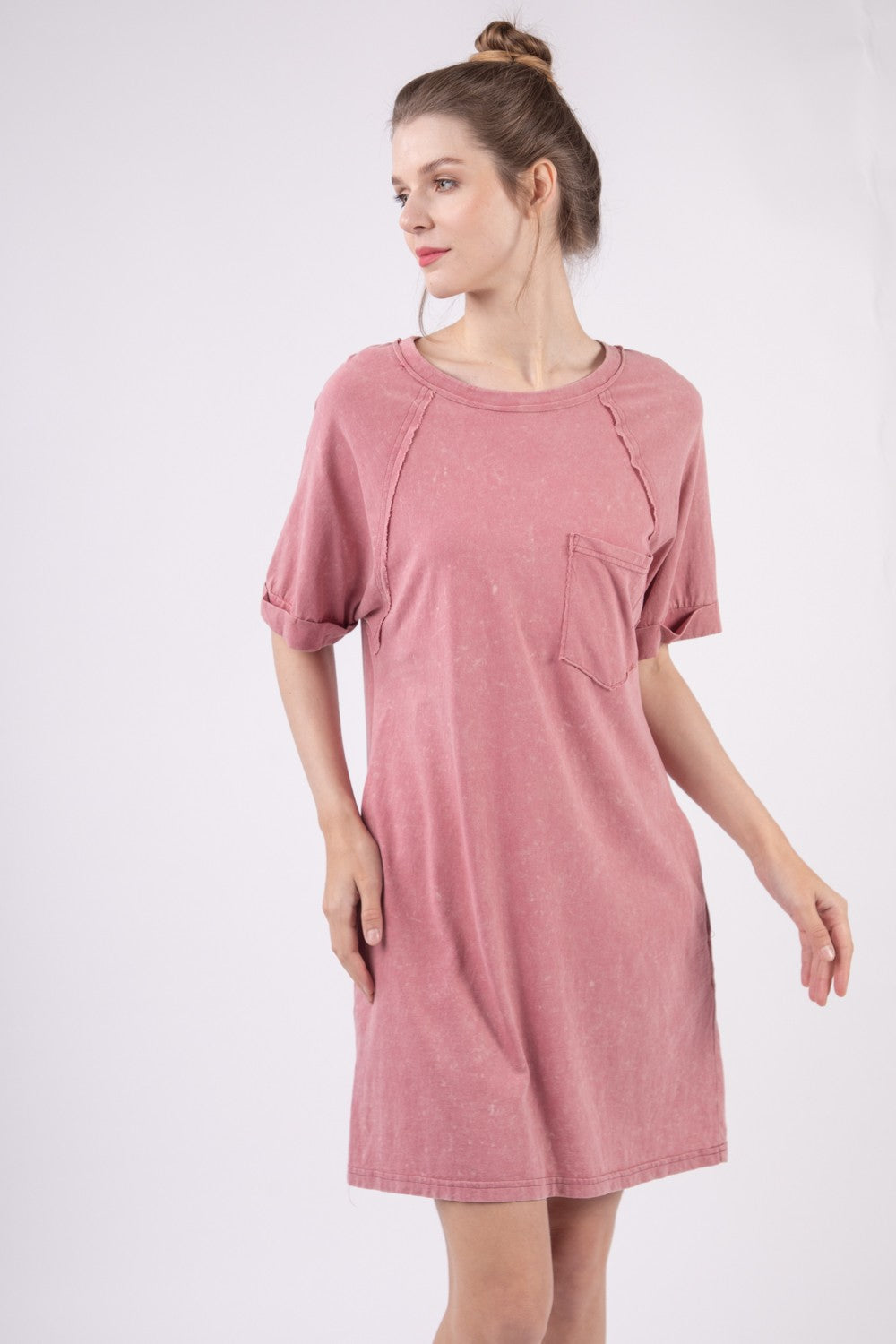 VERY J Washed Round Neck Mini Tee Dress - DRESSES - Mauve