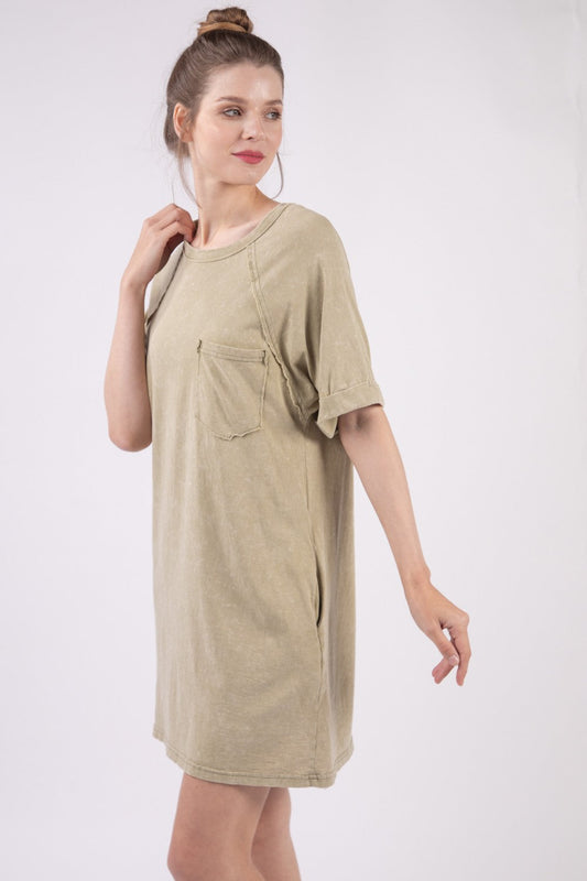 VERY J Washed Round Neck Mini Tee Dress - Sage / S - DRESSES - Sage