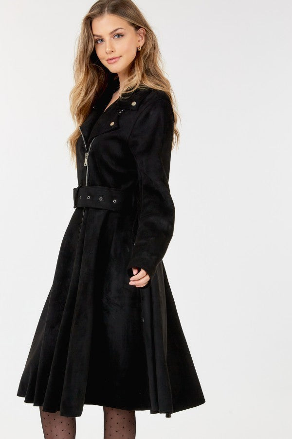 Waist Belt Tacked Faux Suede Coat Solid Coat - JACKETS & OUTWEAR - Black