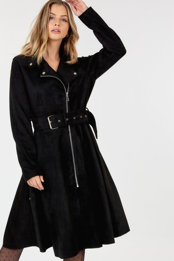 Waist Belt Tacked Faux Suede Coat Solid Coat - JACKETS & OUTWEAR - Black