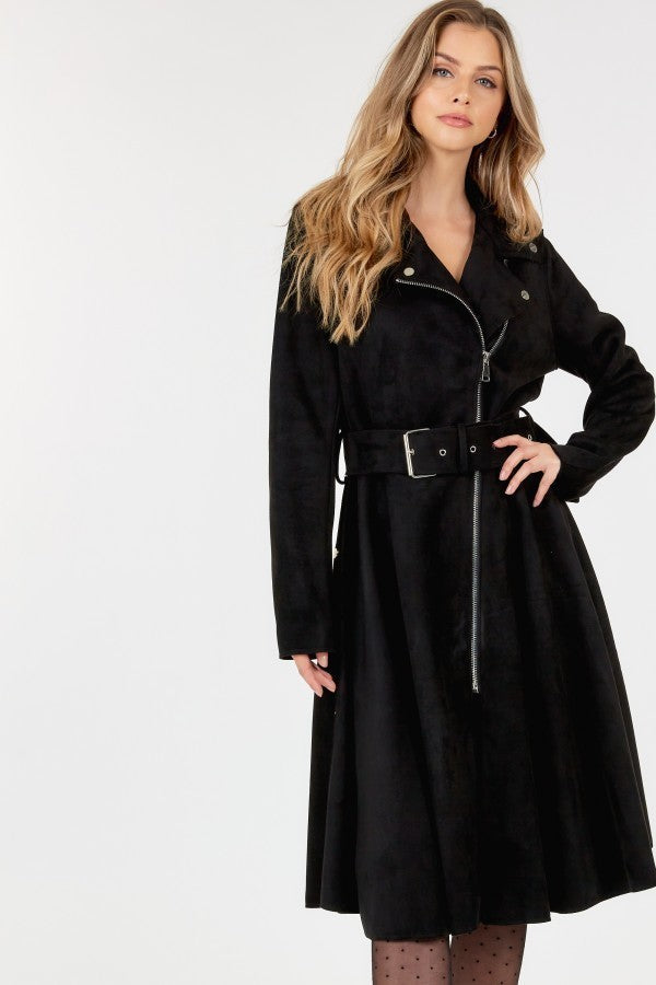 Waist Belt Tacked Faux Suede Coat Solid Coat - JACKETS & OUTWEAR - Black