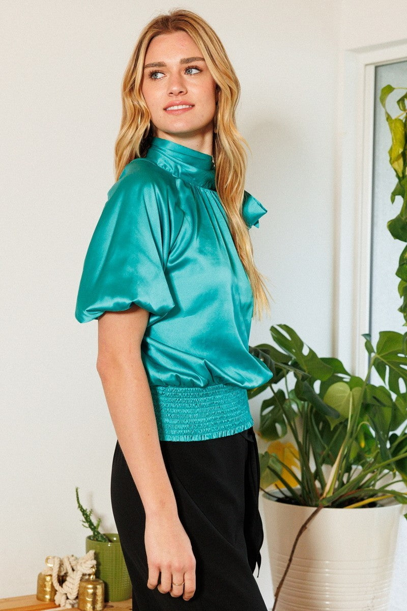 Waist Smocked Solid Satin Blouse Smile Sparker