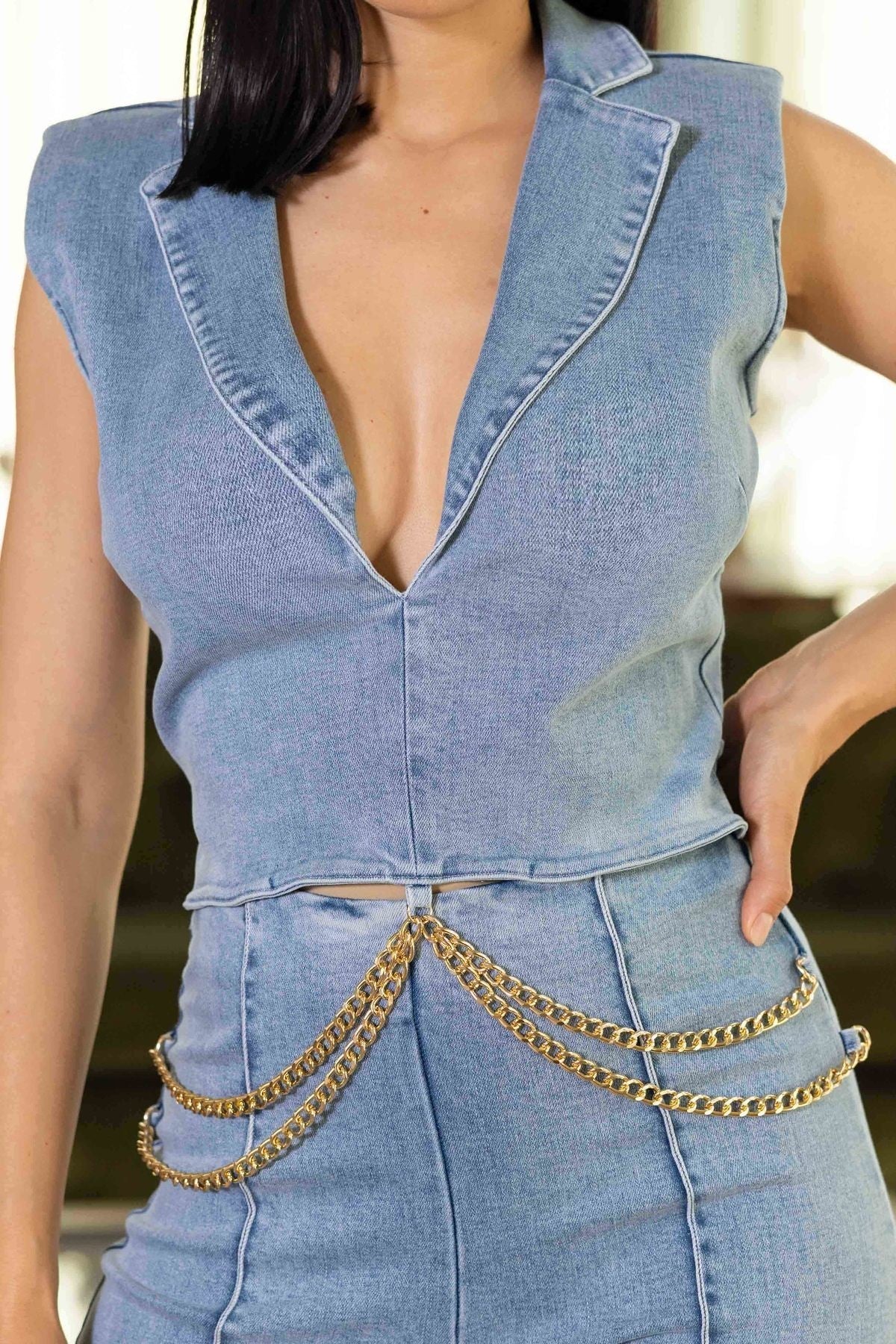 Washed Denim Stretch Fashion Jumpsuit - JUMPSUITS - Blue