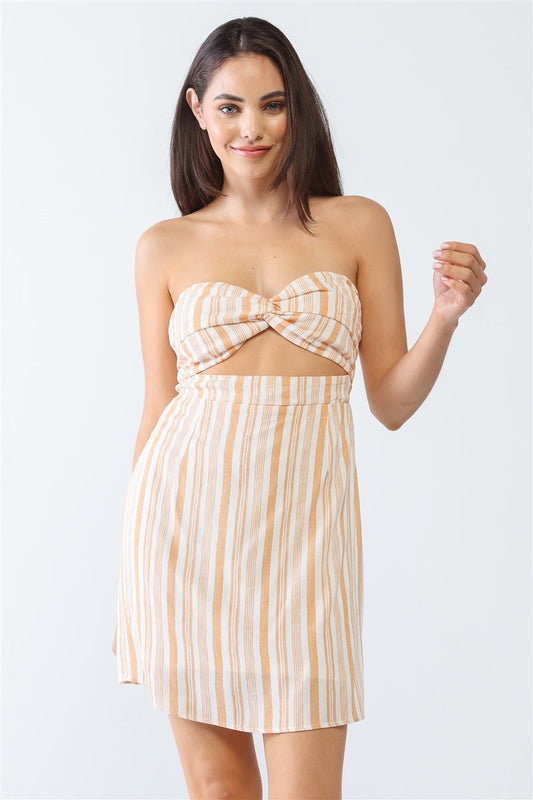 White & Apricot Stripe Print Strapless Twist Cut-out Smocked Back Mini Dress Smile Sparker