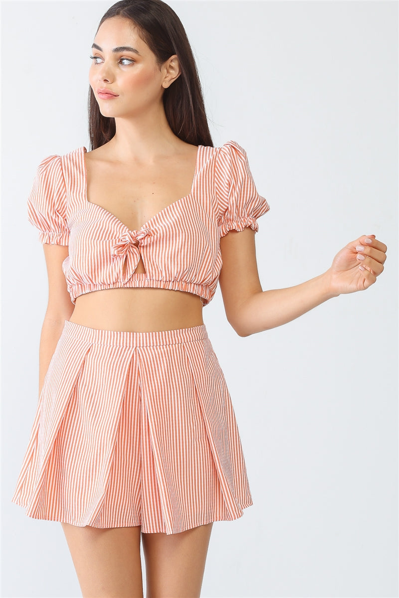 White & Orange Stripe Print Self-tie Short Sleeve Crop Top & High Waist Shorts Set Smile Sparker