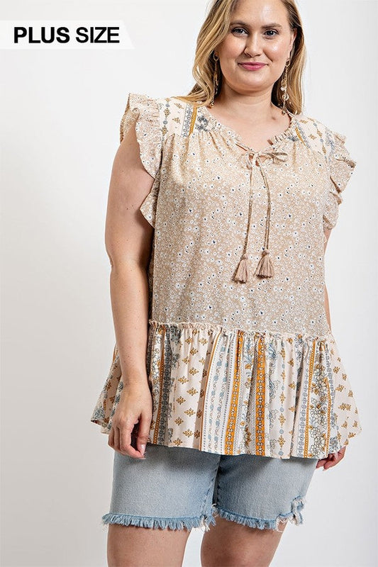 Woven Prints Mixed And Sleeveless Flutter Top With Tassel Tie Smile Sparker